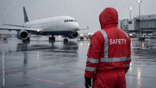 Ground Crew Member in Red Protective Gear Supervising an Aircraft on a Rainy Airport Tarmac