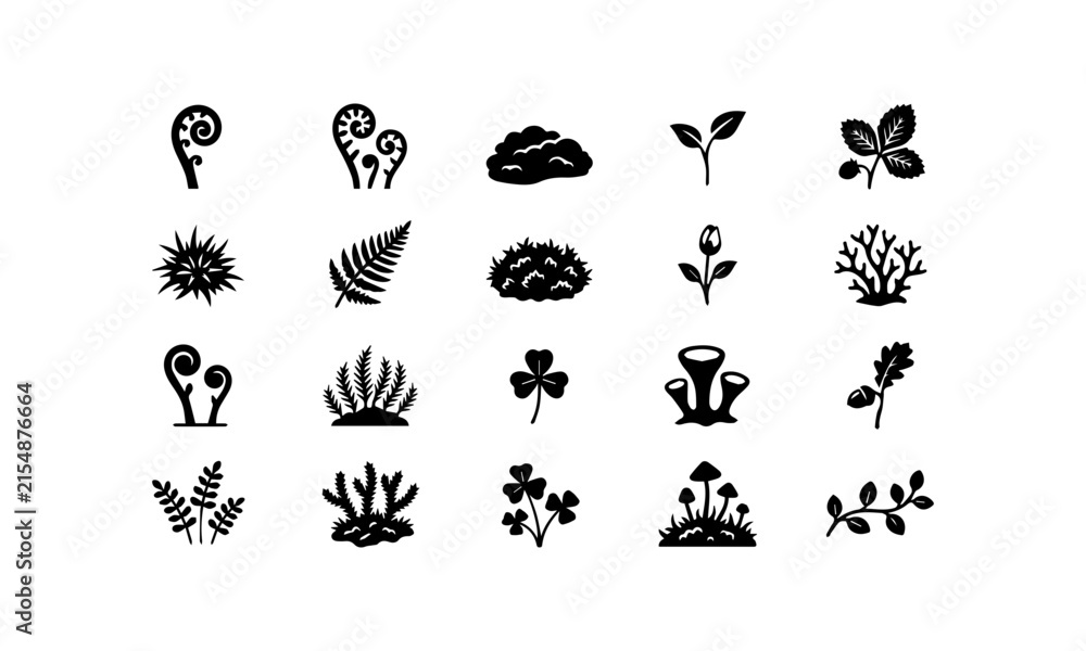 Obraz premium Forest Fern Moss Mushroom Clover Silhouette Icons Set Vector Illustration
