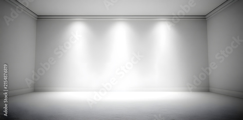 Minimal white empty room with three bright spotlights illuminating the wall, ideal for product display, exhibition and presentation.