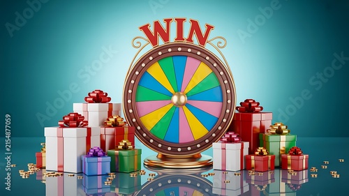 Colorful prize wheel with gifts and winning concept for festive game event