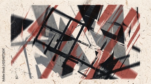 Abstract geometric composition with overlapping planes and lines in red, black, and gray tones on a textured background.