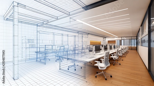 Modern office interior combining architectural wireframe design with furnished workspace
