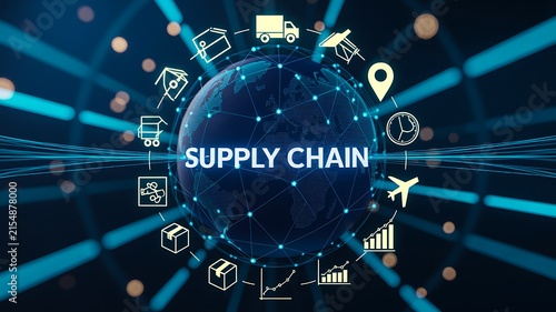 Supply chain logistics network with transportation and distribution icons