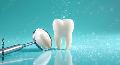 3D illustration of a white tooth model with a dental mirror instrument on a glossy turquoise background, surrounded by water droplets and bubbles for an oral hygiene and healthcare concept.