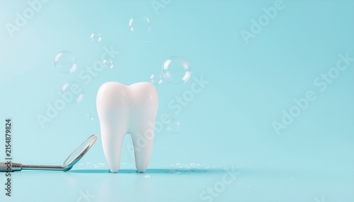 3D illustration of a clean white tooth model and dental mirror instrument with floating bubbles on a pastel blue background with copy space, perfect for oral hygiene and healthcare concept.
