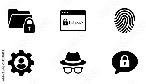 Cybersecurity Icons Set: Secure Folder, HTTPS Browser, Fingerprint ID, User Settings, Incognito Mode, Privacy Chat Bubble, Vector Graphics for Digital Safety and Data Protection