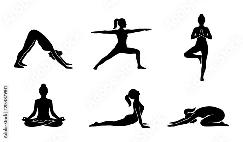 Yoga Poses Silhouette Collection, Healthy Lifestyle Vector Icons, Female Figures in Asanas for Wellness and Fitness