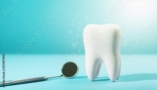 3D illustration of a clean white tooth model and dental mirror on a bright turquoise background with sparkling light and tiny bubbles, perfect for dental health and commercial oral care.