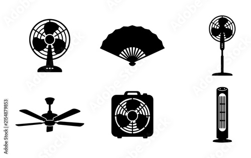Set of Six Black Silhouette Fan Icons: Vintage, Modern, and Ceiling Styles for Cooling and Airflow Concepts
