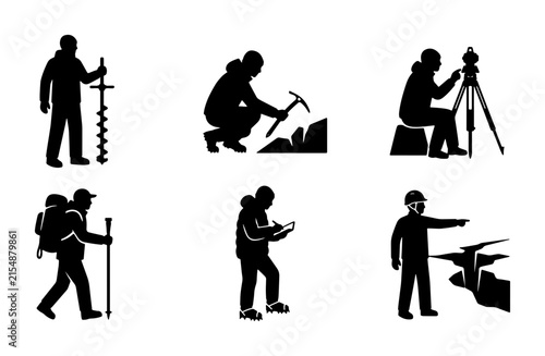 Geology Survey Icons: Geologist, Surveyor, Explorer Set, Scientific Research, Fieldwork, Outdoor Adventure, Vector Graphics