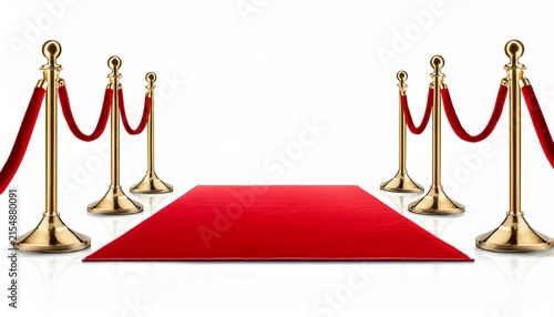 side view gold stanchions tied with red velvet ropes and red carpets isolated golden stanchion and red velvet rope barrier for a vip event isolated