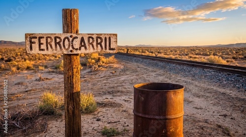 Letrero de ferrocarril antiguo en paisaje desértico