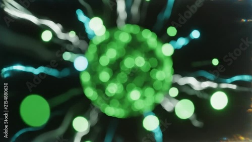 Abstract green blurred bokeh sphere with glowing neon wavy lines against a black background