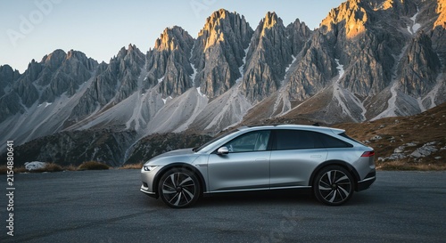 Modern silver electric crossover SUV parked on a mountain pass road at sunset with dramatic rocky peaks in the background.