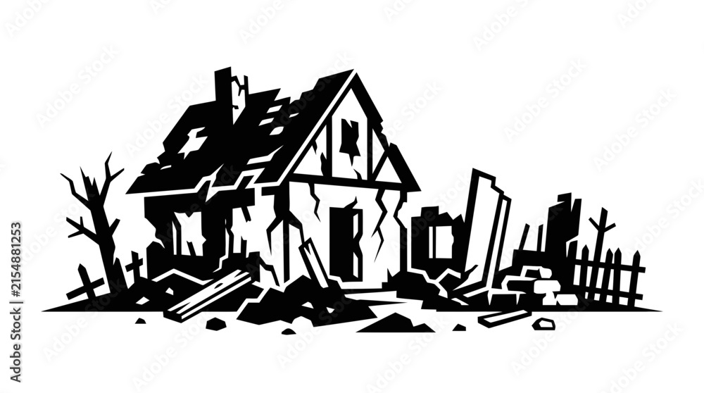 Naklejka premium Cracked building ruins after war or disaster icon.