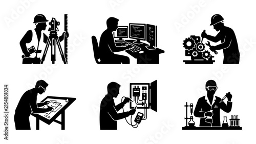 Engineering and Science Icons: Surveying, Coding, Mechanics, Drafting, Electrical, Lab Work Vector Set