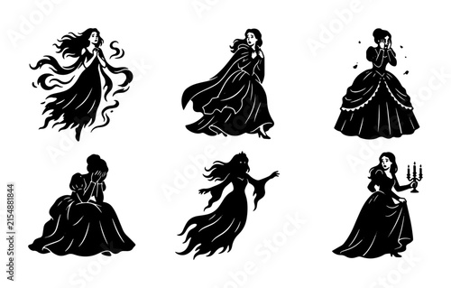 Gothic Women Silhouettes, Victorian Elegance, Spooky Halloween Characters, Vintage Horror Icons, Dark Fantasy Figures
