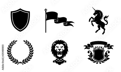 Heraldic Icons Set: Shield, Flag, Unicorn, Lion, Laurel Wreath, Emblem Vector Graphics