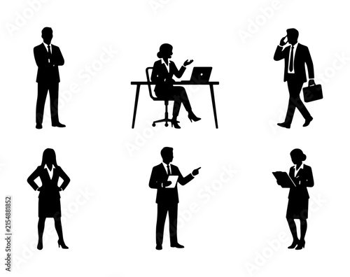 Business People Silhouettes: 6 Professional Figures for Corporate Concepts, Office Work, and Teamwork