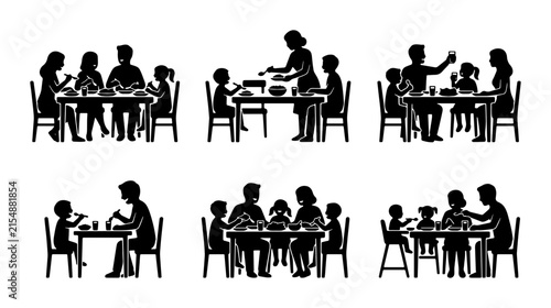 Family Mealtime Silhouettes: Parents and Children Dining Together, Vector Icons for Lifestyle and Food Concepts