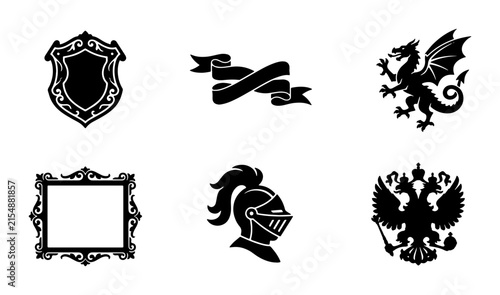 Heraldic Crests, Dragon, Knight Helmet, Ornate Frame, Double Eagle, Ribbon Banner Vector Icons