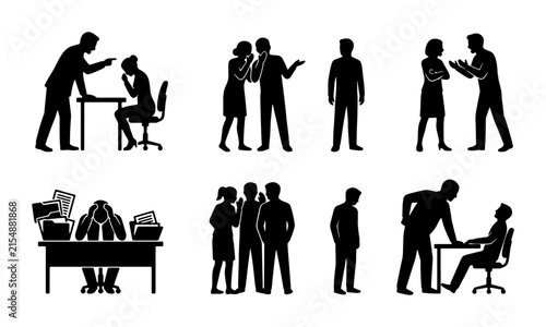 Workplace Conflict Silhouettes, Business Stress Icons, Office Harassment Scenes, Team Disagreement Graphics