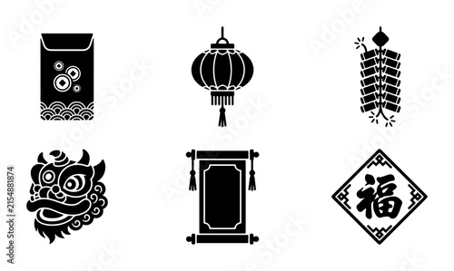 Chinese New Year Icons: Red Envelope, Lantern, Firecrackers, Lion Dance, Scroll, Fortune Symbol