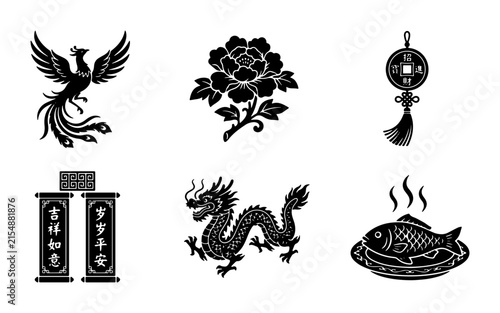 Chinese Cultural Icons: Dragon, Phoenix, Peony, Fish, Scrolls, Coin Charm Vector Set
