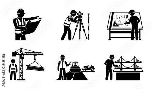 Construction Worker Icons Set: Surveying, Blueprint, Crane, Roadwork, Bridge Building, Engineering Concepts