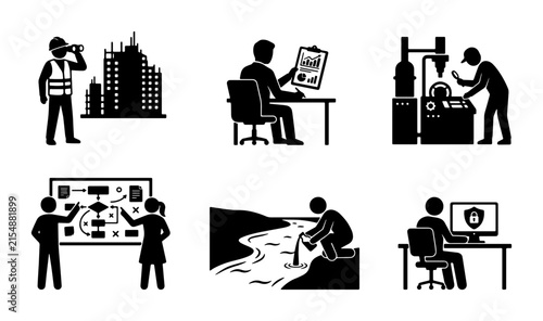Construction, Engineering, and Environmental Icons: Building, Planning, and Safety Vector Set