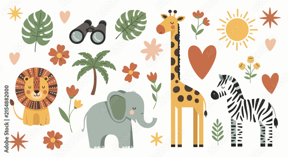 Obraz premium Illustration set of cute safari animals, tropical plants, and adventure icons on a white background.