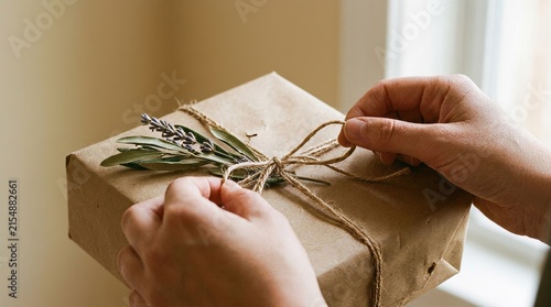 Close-up of delicate female hands carefully tying a rustic jute twine string bow with a fresh lavender sprig on an eco-friendly brown kraft paper wrapped present gift box in warm indoor sunlight.