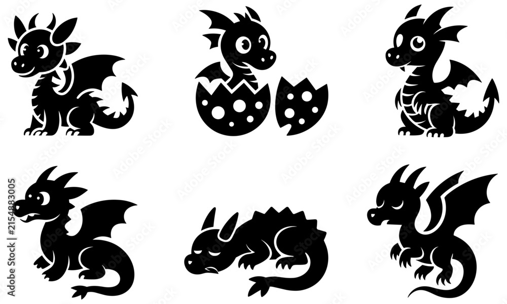 Obraz premium Set of six black silhouette of cute cartoon dragons in various poses including hatching from an egg and sitting on a plain white background, for kids
