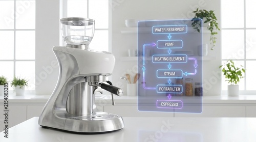 Modern stainless steel espresso machine with holographic digital workflow chart on kitchen countertop