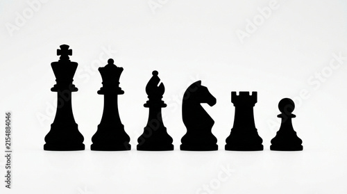 Set of Black Chess Pieces Arranged in Sequence Against a White Background