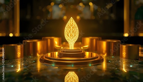 Glowing golden abstract tree sculpture centered on tiered podium luxury business innovation presentation stage display with surrounded metallic cylindrical