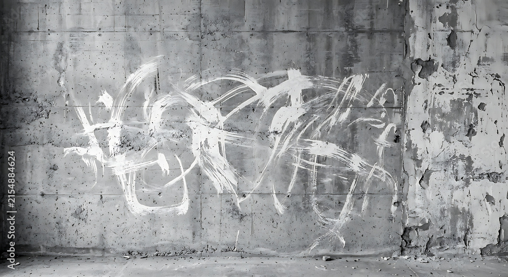 Fototapeta premium Grungy abstract white graffiti painted on a weathered industrial concrete wall with a raw textured surface in an urban setting