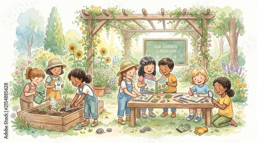 Watercolor illustration of diverse children gardening together in a schoolyard