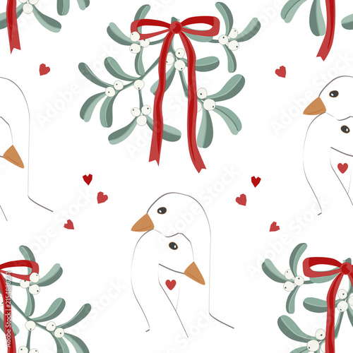Mistletoe branches, cute geese couple, and red bows cute seamless pattern. Christmas background