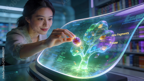 Young woman interacting with a digital tree model in a lab setting  
