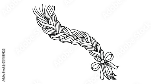 Hand drawn illustration of a braided hairstyle with a ribbon bow.