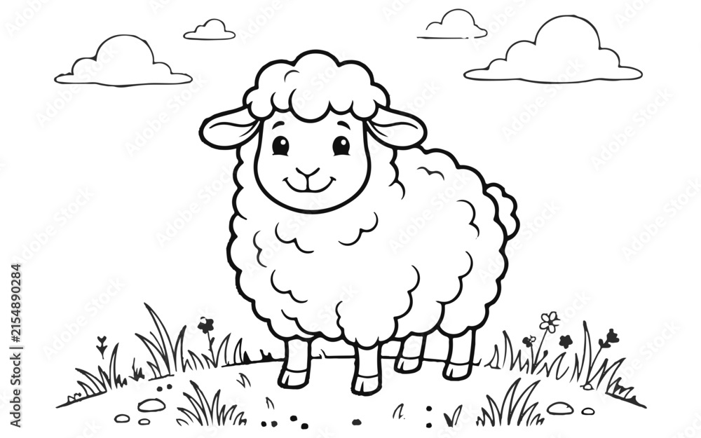 Obraz premium Smiling cartoon sheep standing on grass with clouds