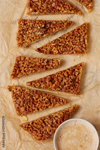 Caramelized walnut pie slices.selective focus.