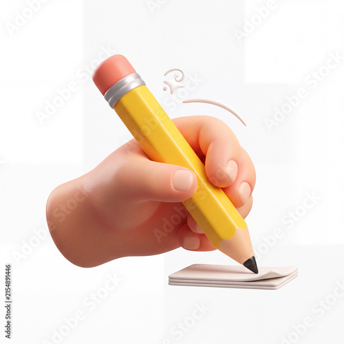 Cartoon hand writing on notepad with pencil
