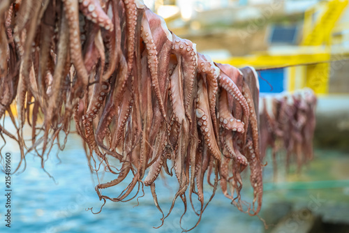 Rows of octopus tentacles hang to dry in sunlight above the sea, representing traditional Mediterranean seafood preparation and coastal culinary heritage in Greece.