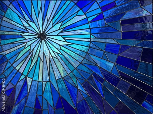 Abstract Blue and Sapphire Stained Glass Mosaic Backgrounds Set with Geometric and Wave Patterns
