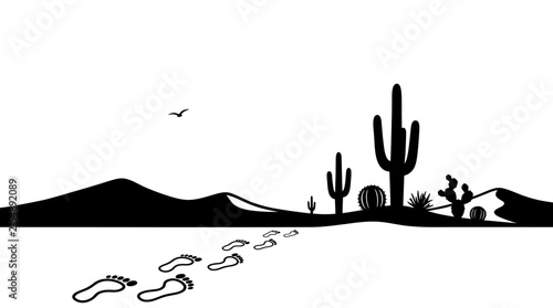 Black and white silhouette illustration of a desert landscape with footprints.