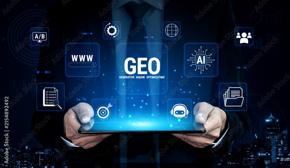 Obraz premium Hands Holding Tablet with Generative Engine Optimization Concept and Technology Icons in a Dark Urban Environment. Glyphic.
