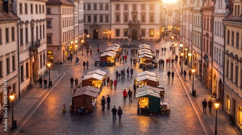 Miniature European Christmas Market in Old Town Square at Dusk. Concept of european city, miniature effect, tilt shift.