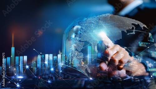 business and economic growth on global business network data analysis of financial and banking stock ai technology and data connection security blockchain and networking business strategy